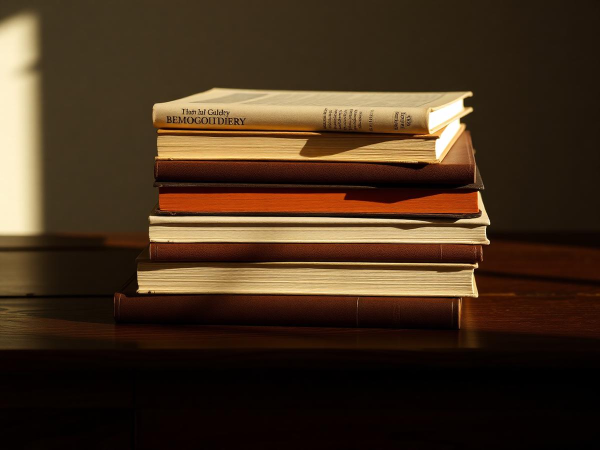 A stack of hardcover books in cream and brown tones