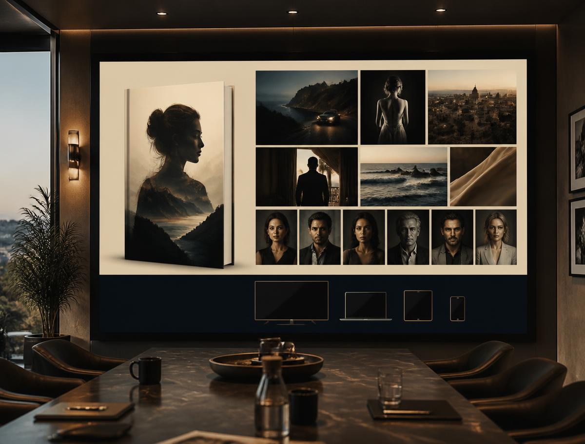 A Hollywood pitch deck board with mood panels and streaming devices