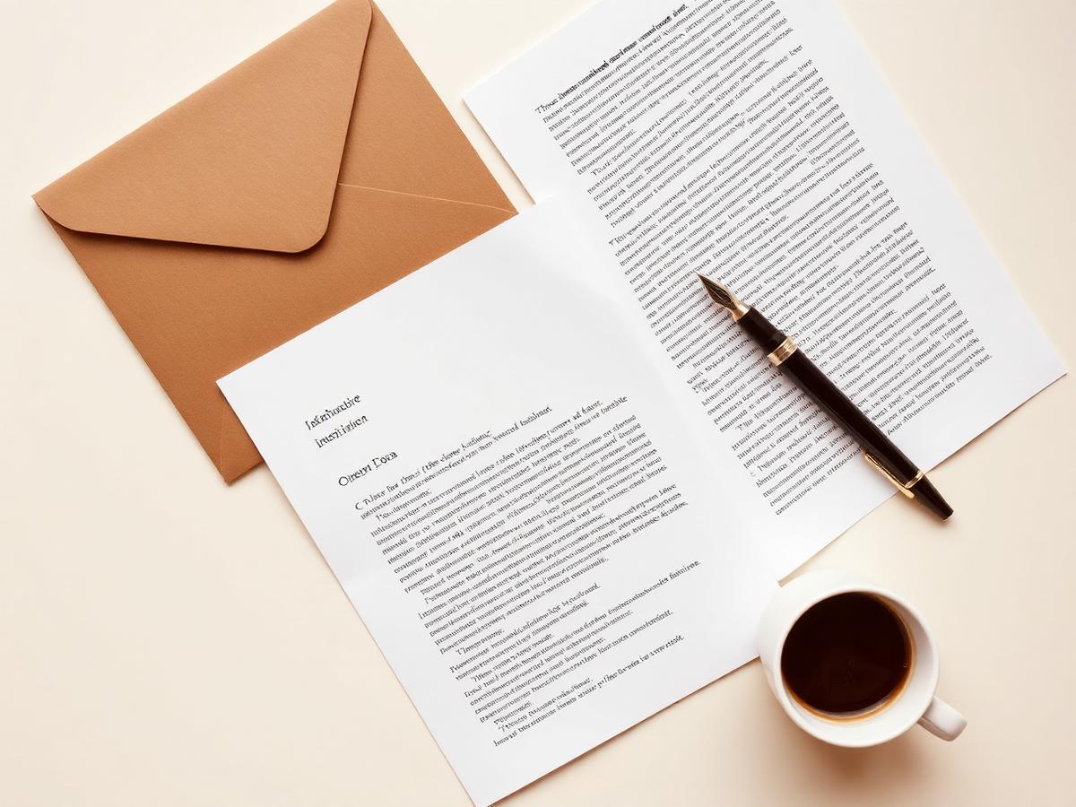 A submission package on a desk: printed manuscript pages, a query letter, envelope and fountain pen