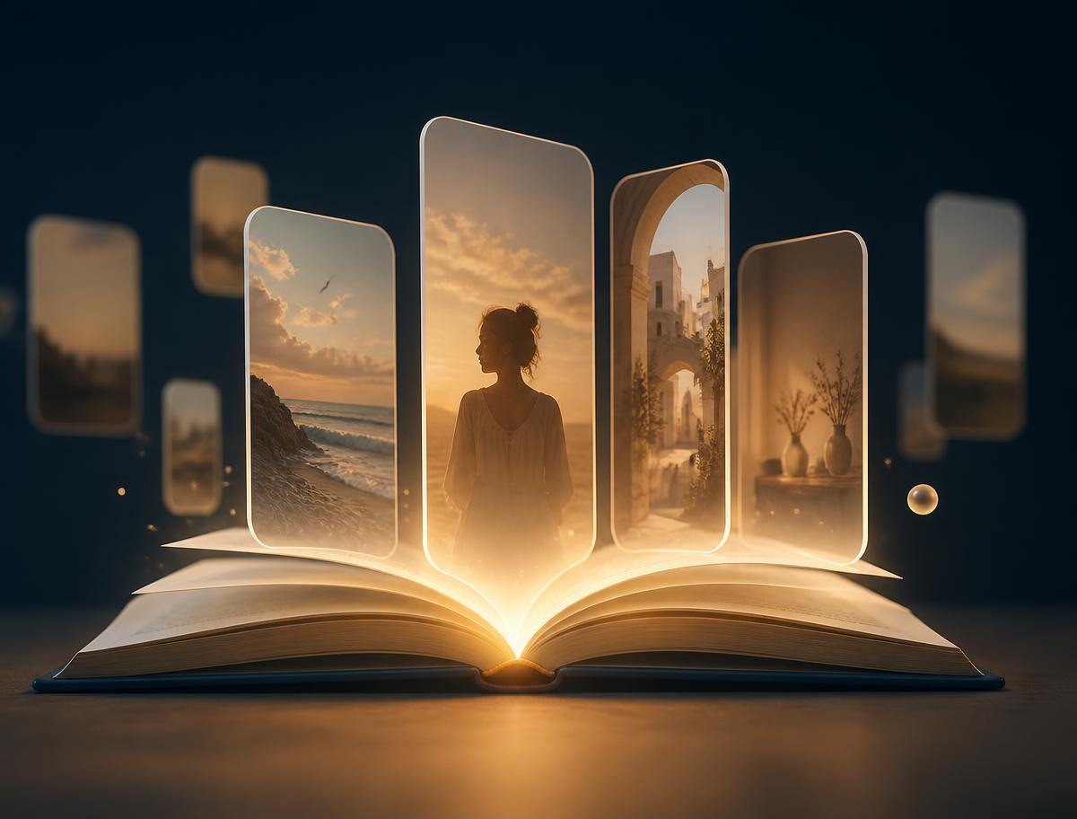 An open book with pages becoming cinematic social media frames